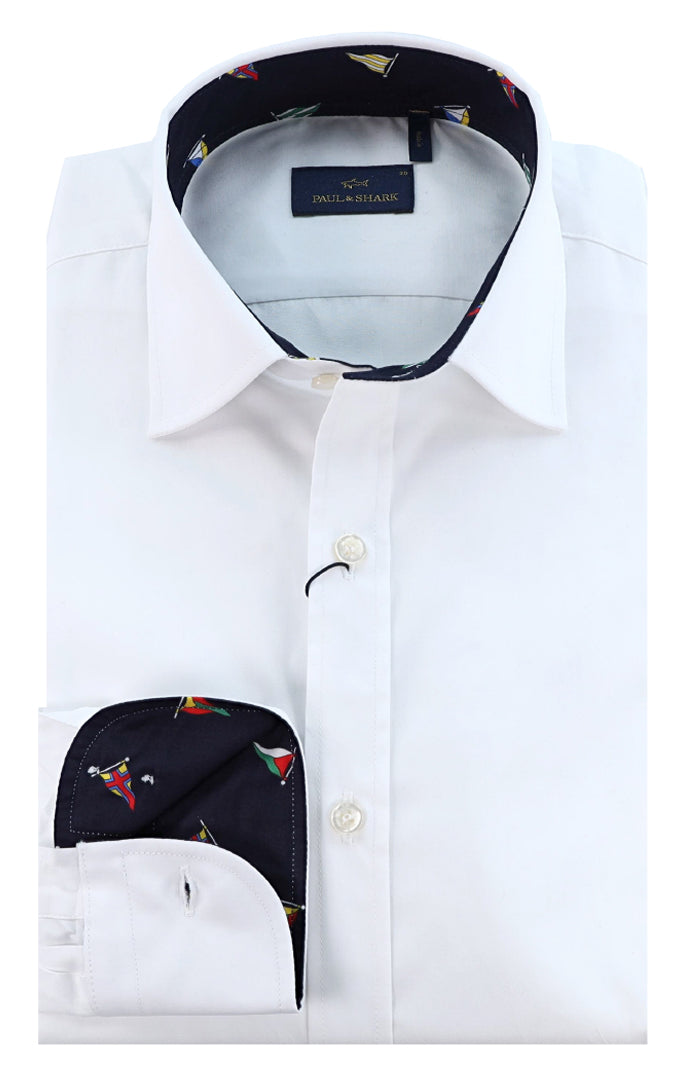 Paul & Shark Men’s White Long Sleeve Button Down Shirt with Black Contrast Collar and Cuff Detail – Mondo Uomo