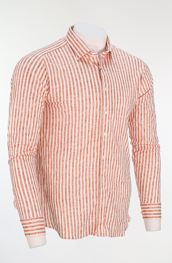 Desoto Men’s Long Sleeve Orange Stripe Button Down Shirt in Cotton
