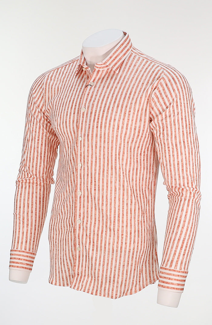 Side view of Desoto Men’s Long Sleeve Button Down Shirt in Orange Stripe- Mondo Uomo