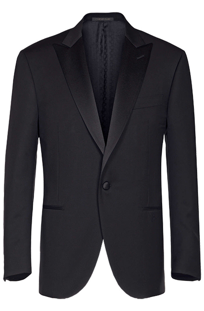Corneliani Men’s Black Wool Tuxedo with Satin Peak Lapels 8150 TUX LEADER – Mondo Uomo