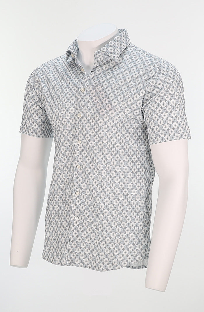 Desoto Men’s Blue Stone Pattern Short Sleeve Shirt Side view – Mondo Uomo