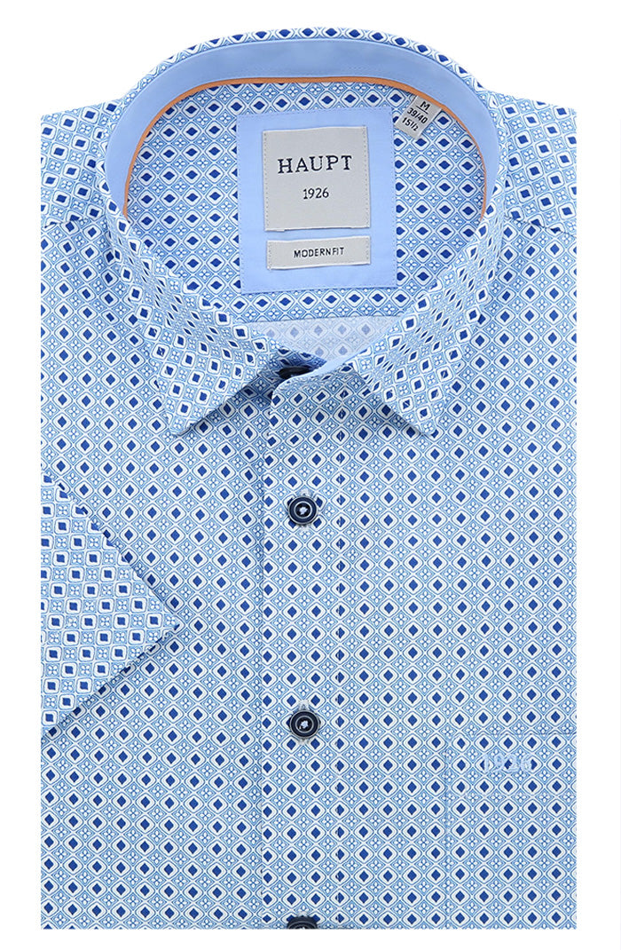 Haupt Men’s Short Sleeve Shirt in Blue and White Diamond Microprint Cotton – Mondo Uomo