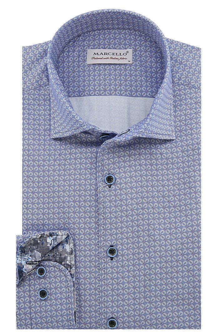 Marcello Blue Geometric Print Long Sleeve Shirt - Designer Men's Dress Shirt 