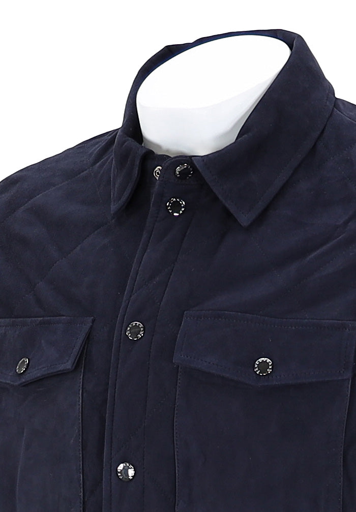 PAUL & SHARK Men’s Aqualeather Suede Quilted Shacket in Deep Navy with Full Button Down Close Up