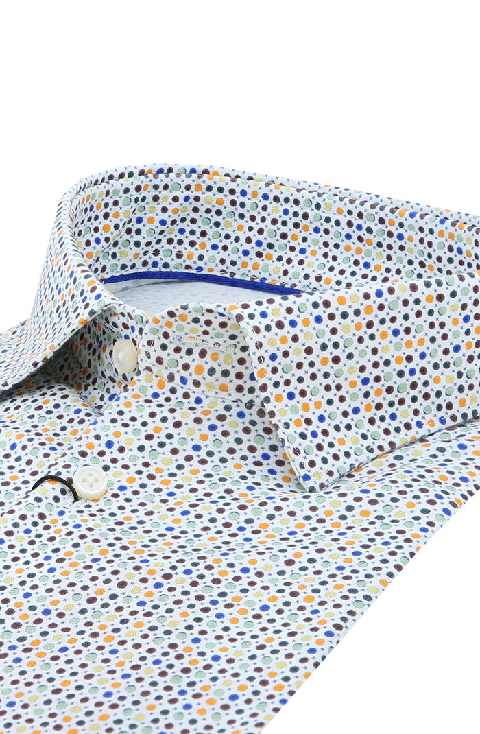 Desoto Men's Short Sleeve Shirt Multicolor Dot Pattern On a Neutral Background Close Up 820-32-3
