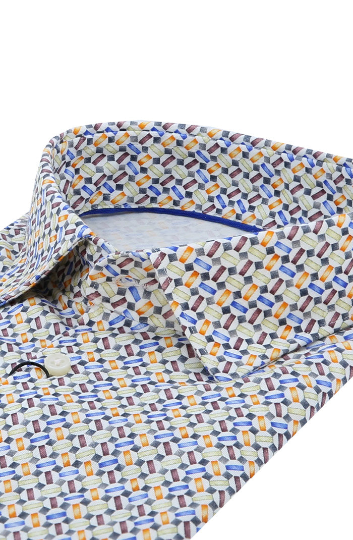 Desoto Men's S/S  Cotton Shirt In Multicolor Geometric Print Close Up 820-32-3