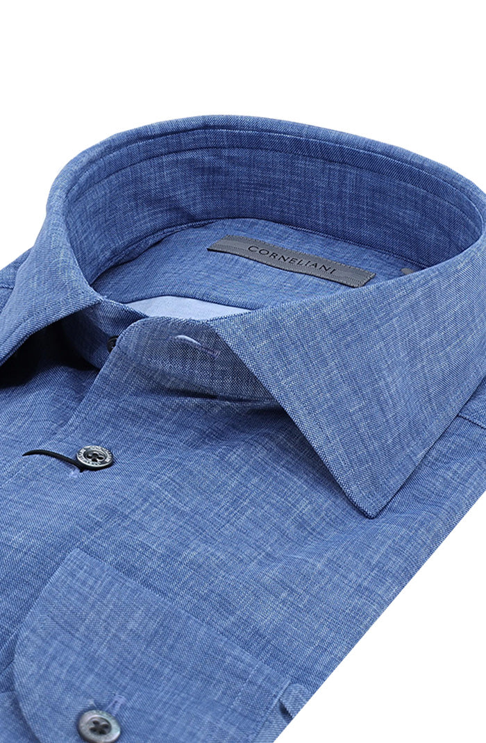 Corneliani Men's Performance Stretch Shirt In Denim Blue Close Up 147708