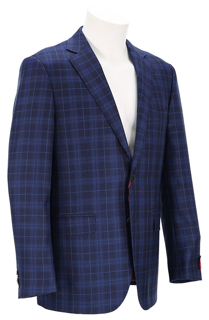Byron Men’s Blue and Black Tartan Sport Coat with Contemporary Fit Angled View - Mondo Uomo