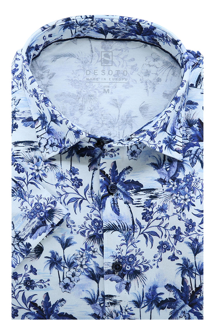 Desoto Short Sleeve Men’s Cotton Shirt in Blue Tropical Floral Print on Ivory – Mondo Uomo