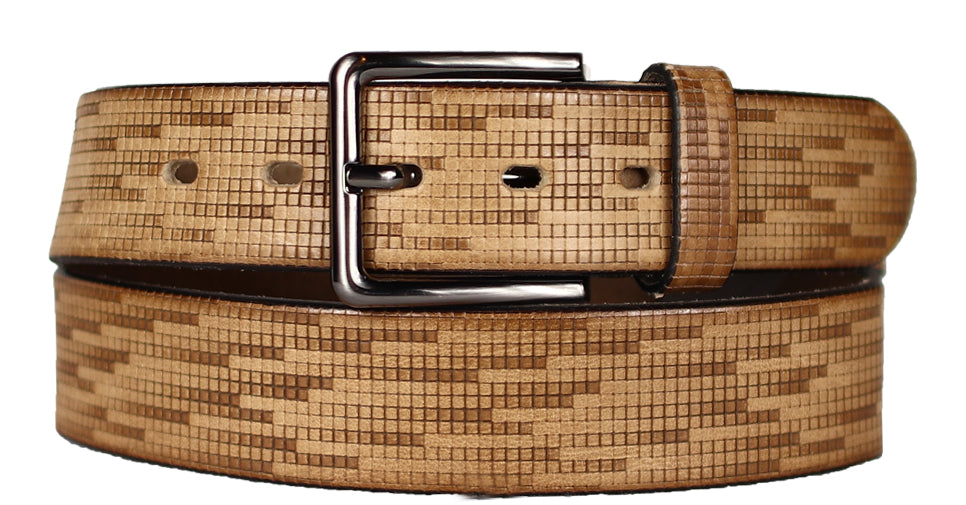 Alberto Men’s Leather Belt in Tan with Mini Boxes Pattern and Antique Buckle B8502-510 – Mondo Uomo