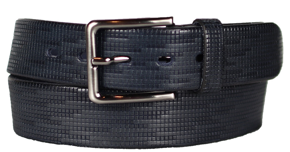 Alberto Men’s Leather Belt in Navy with Mini Boxes Pattern and Antique Buckle B8502-890 – Mondo Uomo