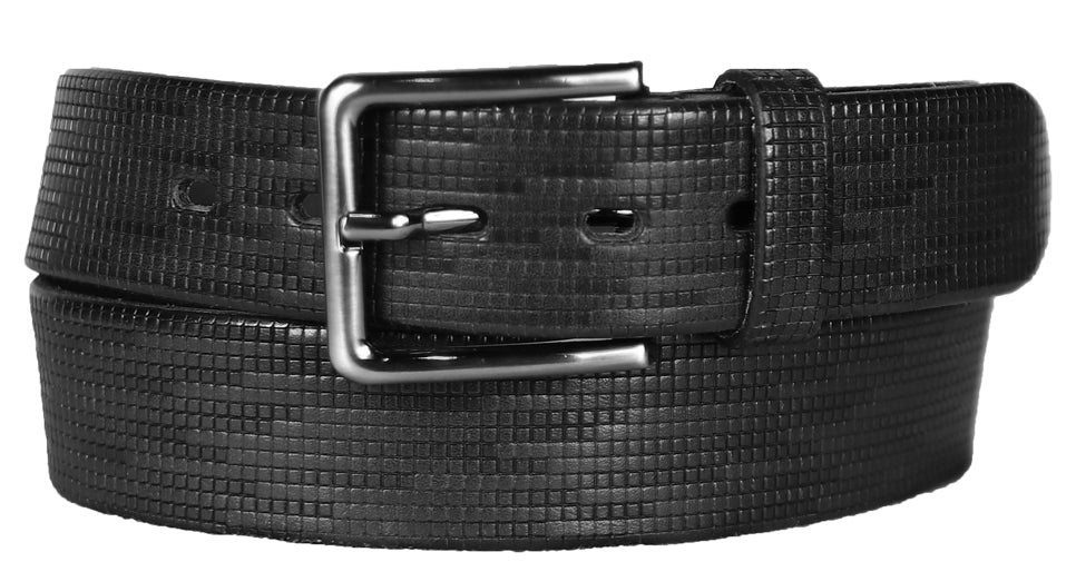 Alberto Men’s Leather Belt in Black with Mini Boxes Pattern and Antique Buckle B8502-999 – Mondo Uomo