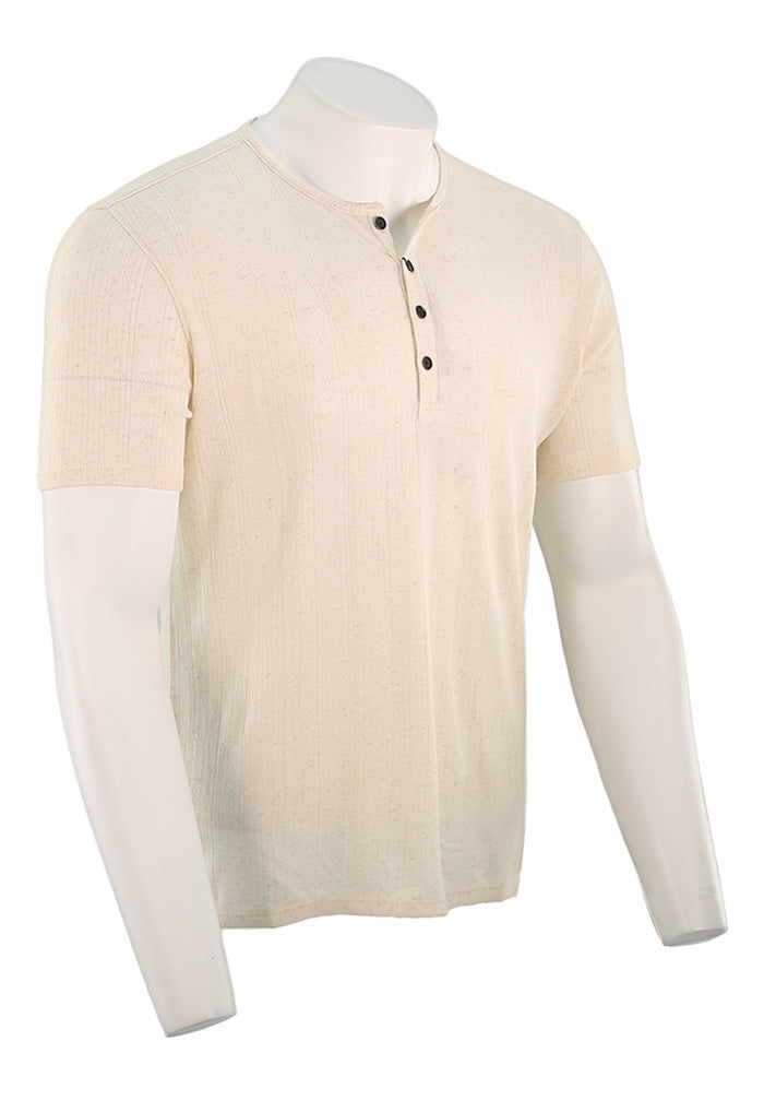 John Varvatos Men’s Short Sleeve Variegated Rib Henley Shirt in Chalk Side View K6937F25