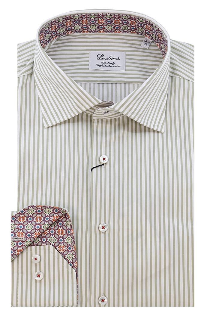 Stenstroms Men’s Olive Stripe Long Sleeve Shirt with Floral Collar Detail in Cotton – Mondo Uomo