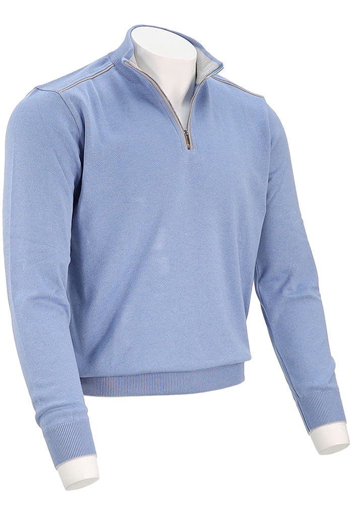 PAUL & SHARK Men's Leather Trim Cotton & Cashmere Half Zip Sweater In Light Blue Angled View 25411600
