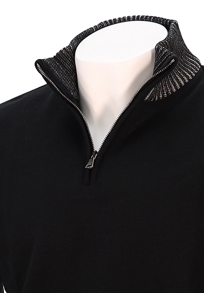 PAUL & SHARK Men’s Black Wool Half Zip Sweater with Mock Neck and Moon Badge Close Up