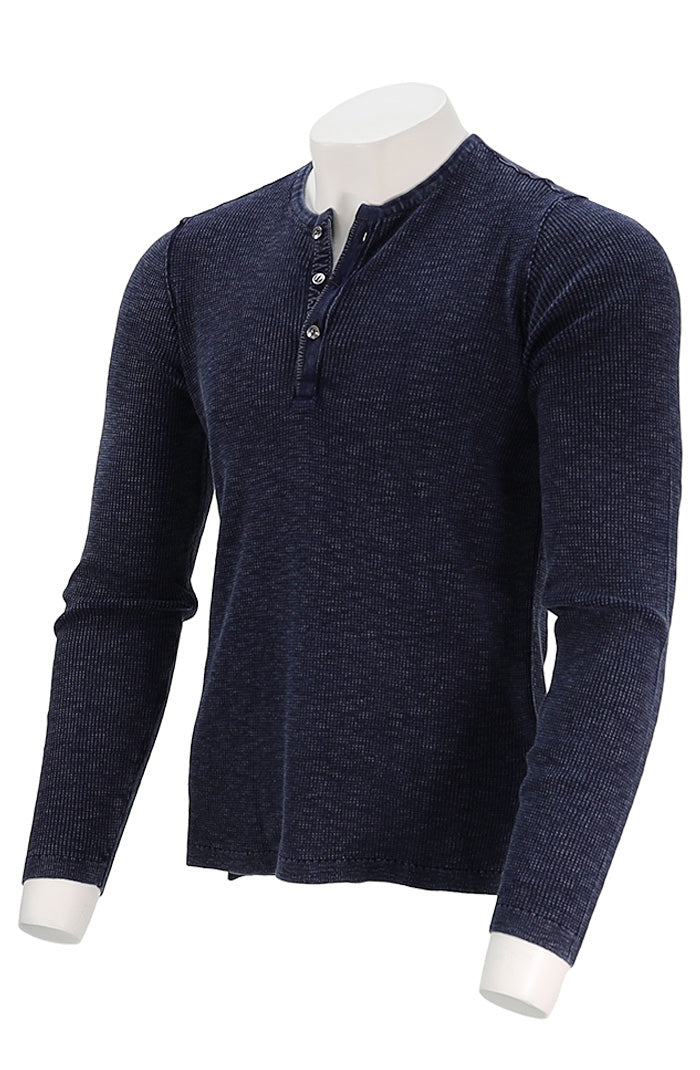 John Varvatos Memphis Men’s Navy Waffle Henley Long Sleeve Side Angle - Mondo Uomo