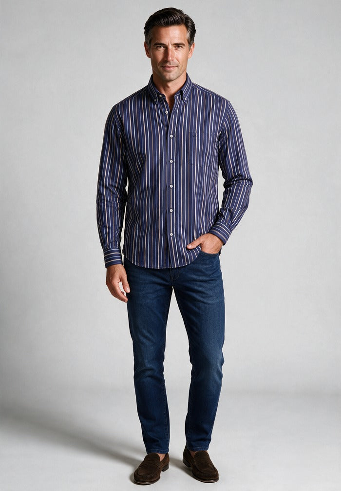 Paul and Shark Navy Stripe — worn with denim