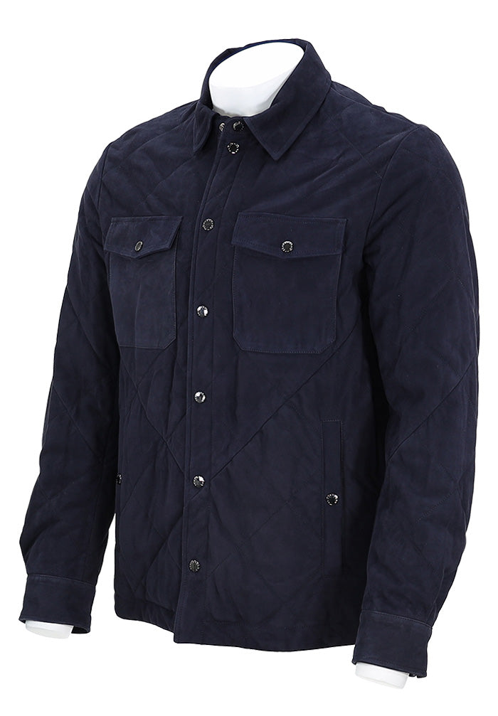 PAUL & SHARK Men's Suede Quilted Leather Shacket with Front Pockets and Collar Angled View 14312490-050