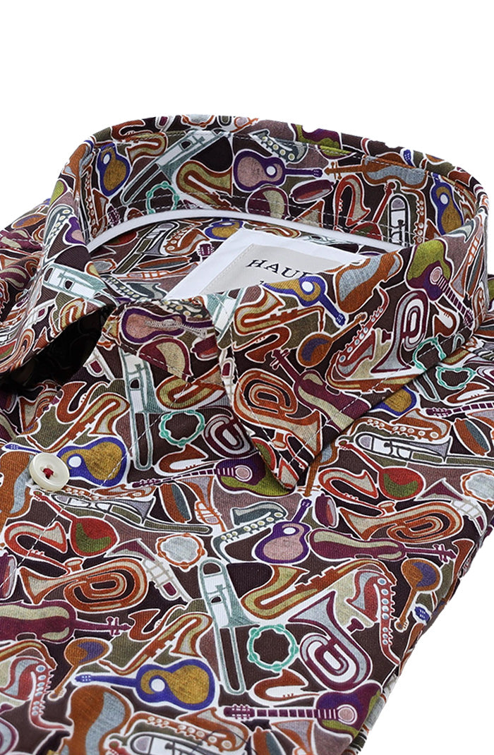 Haupt Long Sleeve Shirt For Men In Multicolored Musical Instrument Print Close Up 9044-2314