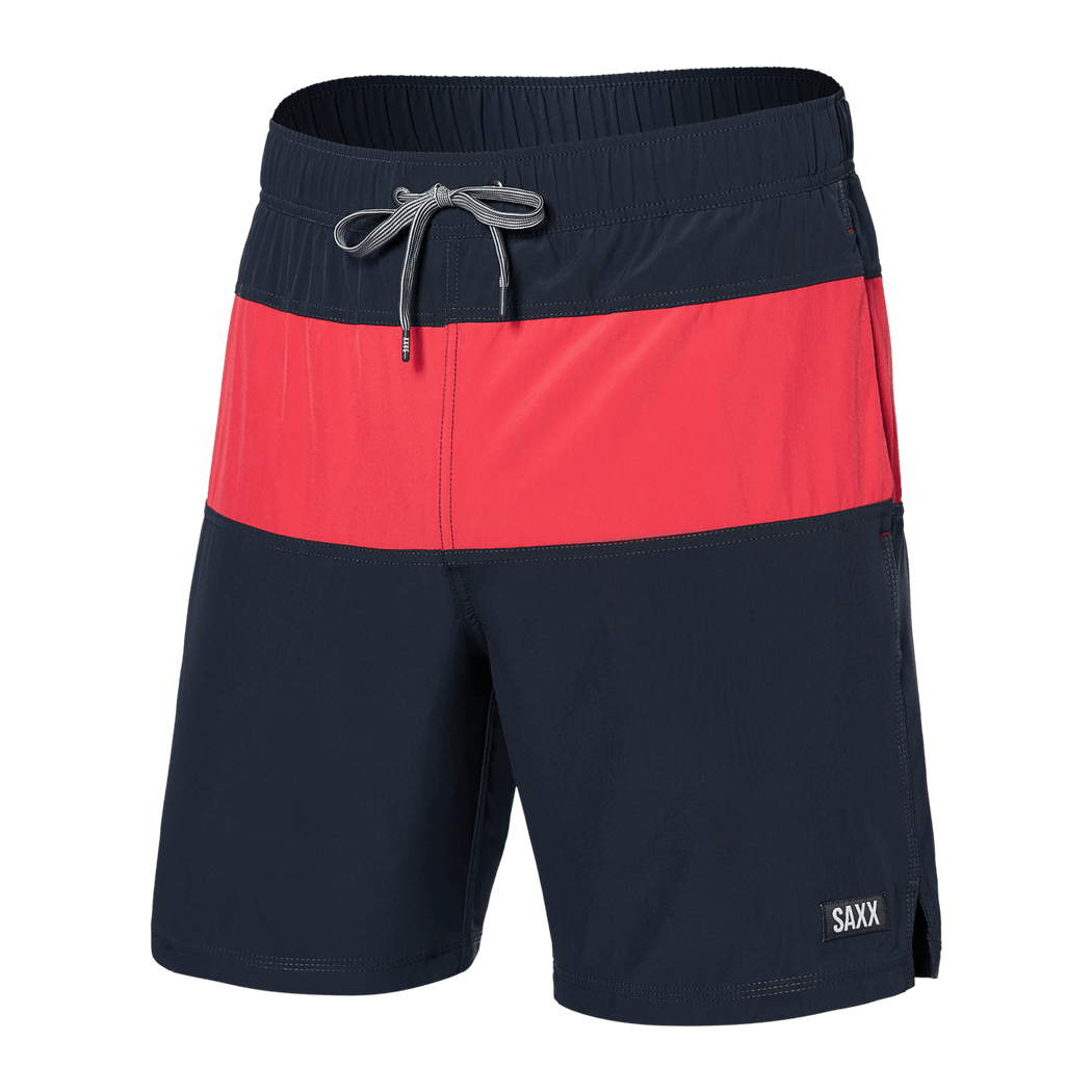 Saxx Oh Buoy Men’s 7-Inch Swim Shorts in Red and Navy Colorblock with Drawstring Waistband – Mondo Uomo