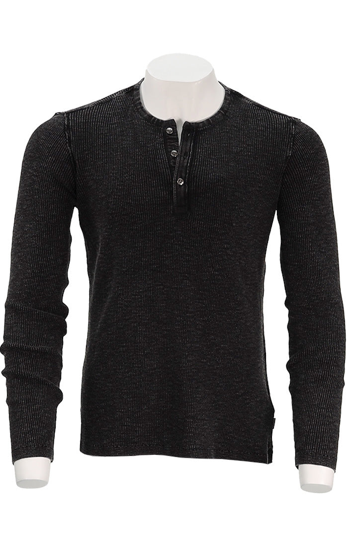 John Varvatos Memphis Men’s Waffle Henley in Black Cotton Fadeaway Wash- Mondo Uomo