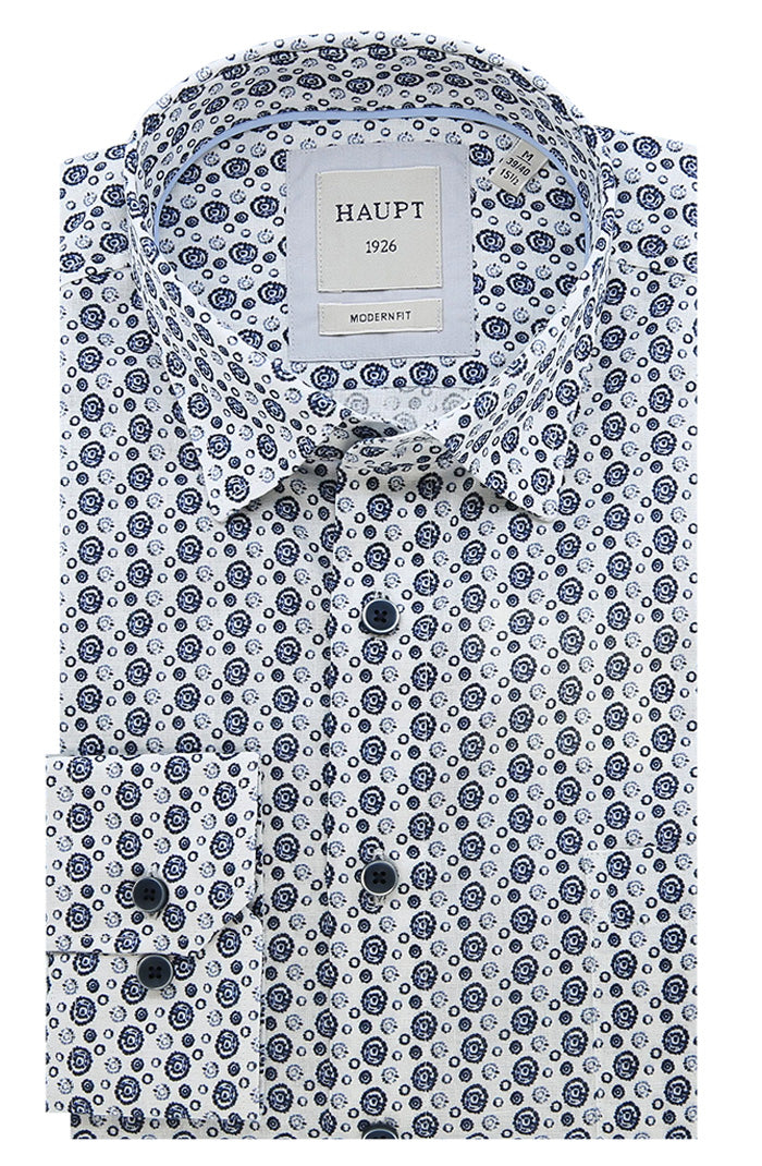 Haupt Men's White and Navy Printed Long Sleeve Shirt- Mondo Uomo