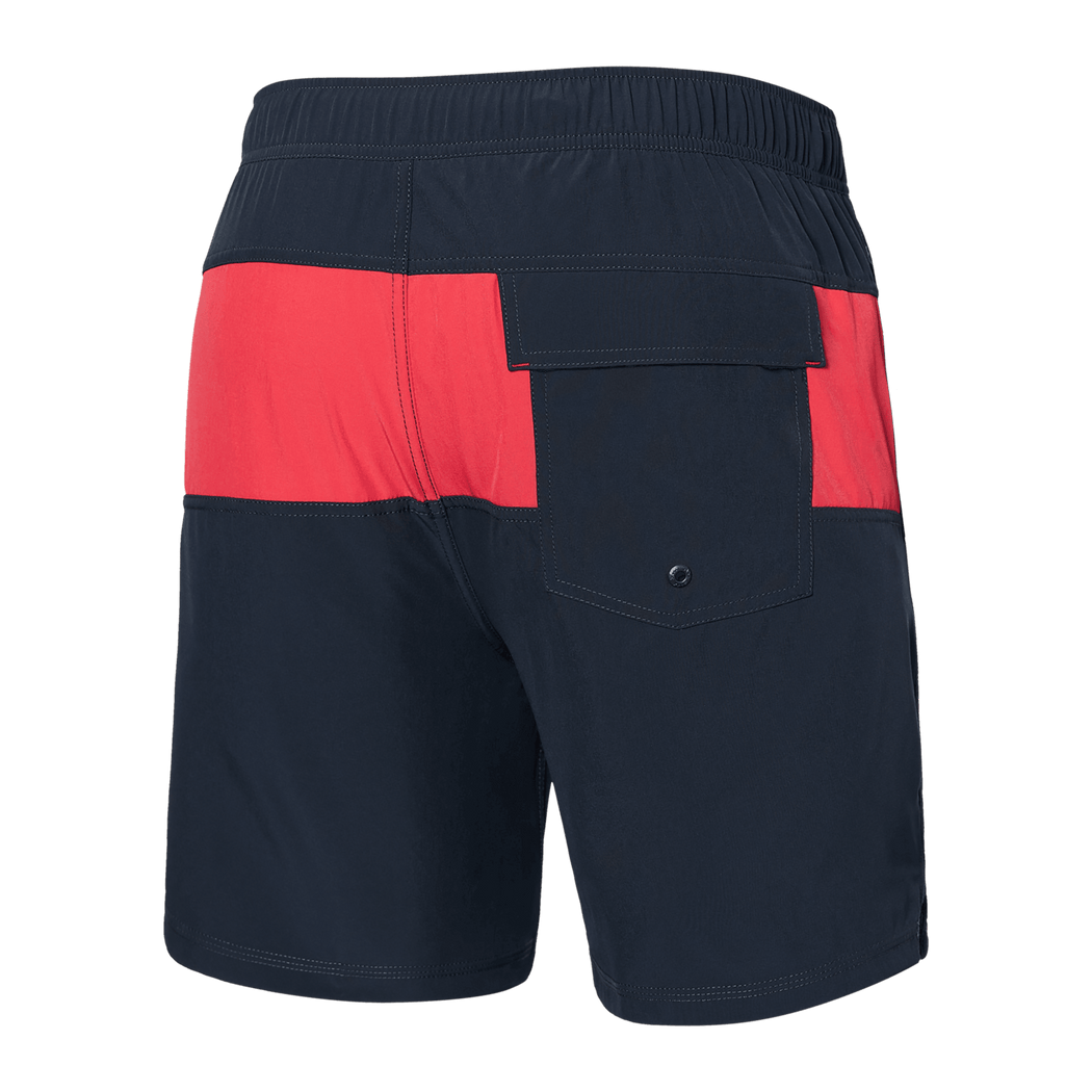 Back view of Saxx Oh Buoy Red and Navy Colorblock Swim Shorts with Quick Drain Pocket