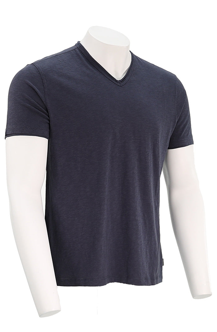John Varvatos Miles Men’s Slub V-Neck T-Shirt in Oiled Blue Cotton with Raw Edge Angled View- Mondo Uomo