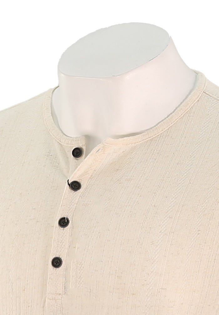 John Varvatos Men’s Short Sleeve Variegated Rib Henley Shirt in Chalk Close Up View