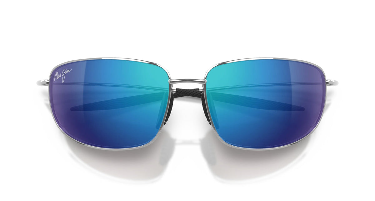 Maui Jim Ho'okipa Ultra M Sunglasses in Shiny Silver with Blue Hawaii lenses | Mondo Uomo Naples FL