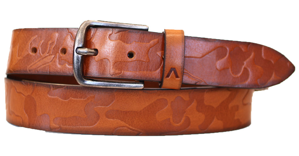 Alberto Men’s Leather Belt in Tan with Embossed Print and Antique Buckle B8604-540 – Mondo Uomo