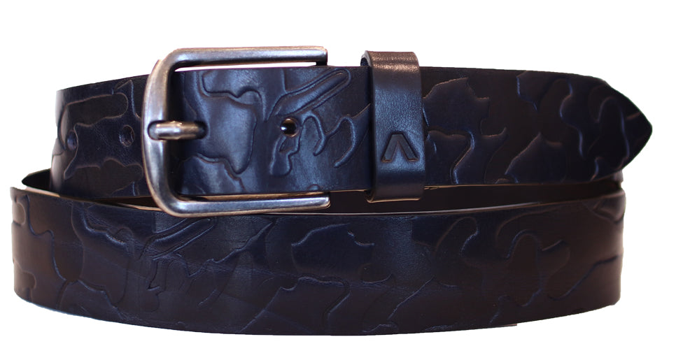 Alberto Men’s Leather Belt in Navy with Embossed Print and Antique Buckle B8604-899 – Mondo Uomo