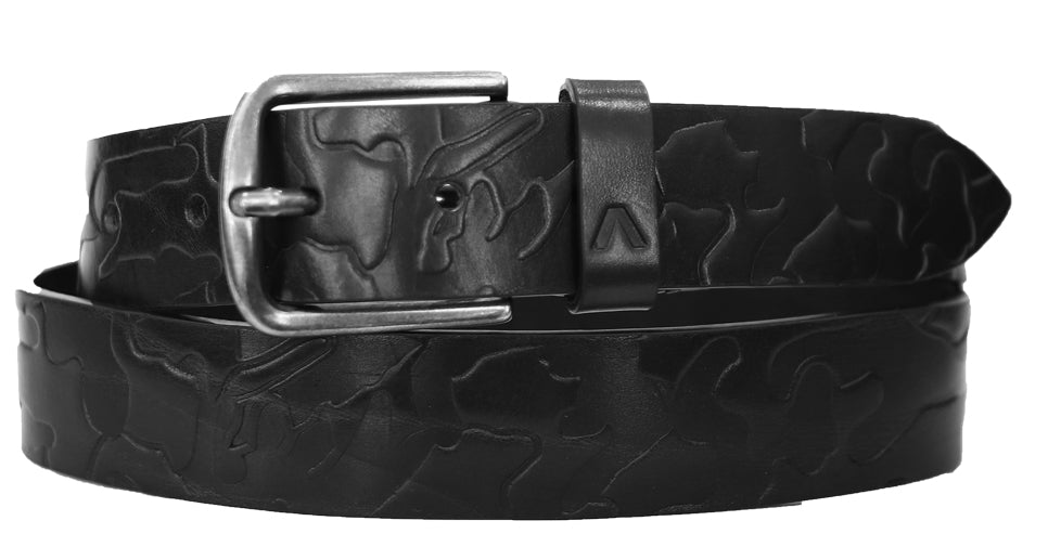 Alberto Men’s Leather Belt in Black with Embossed Print and Antique Buckle B8604-999 – Mondo Uomo
