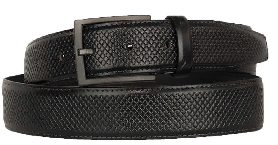 Alberto Men’s Black Leather Belt with Grid Pattern and Antique Buckle B8704-999 - Mondo Uomo
