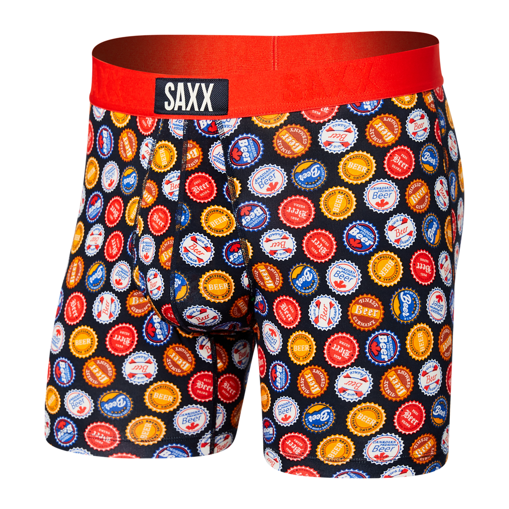 Saxx Ultra Men’s Boxer Briefs in Black with Colorful Bottle Cap Print and Red Waistband – Mondo Uomo