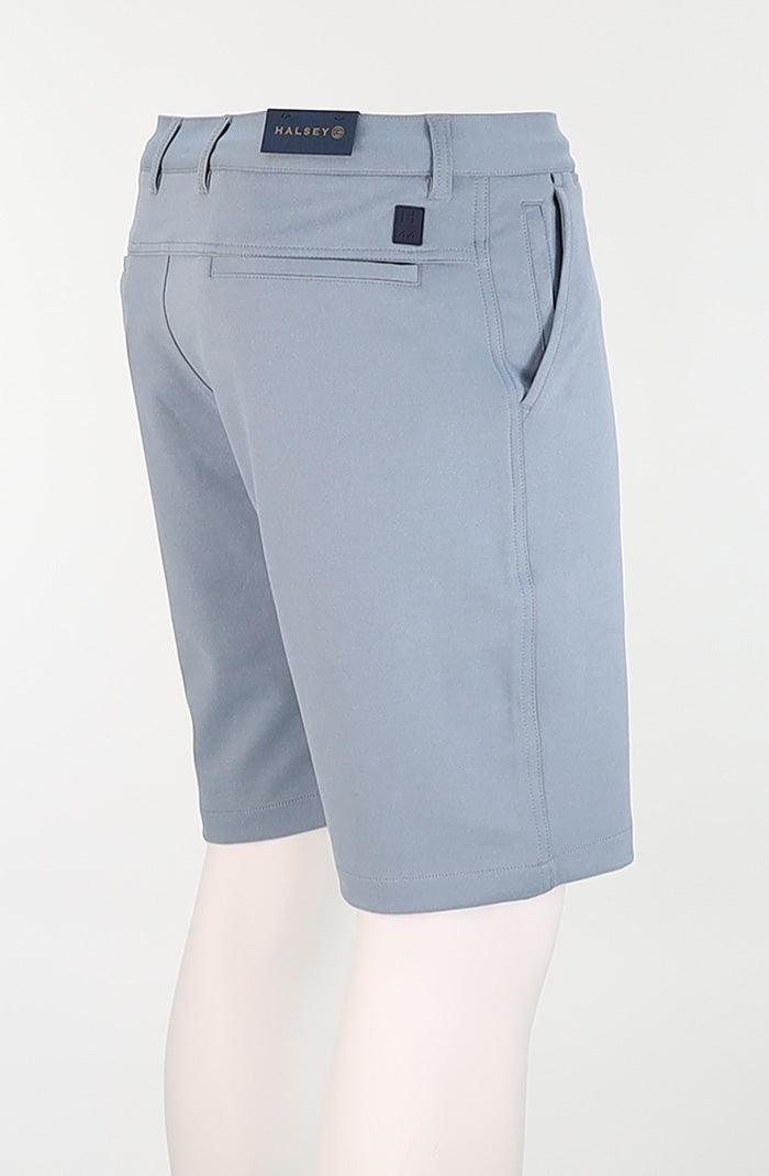 Halsey Breakwater Men’s Shorts in Heather Dusty Blue with Hidden Zipper Pockets Back Angled View