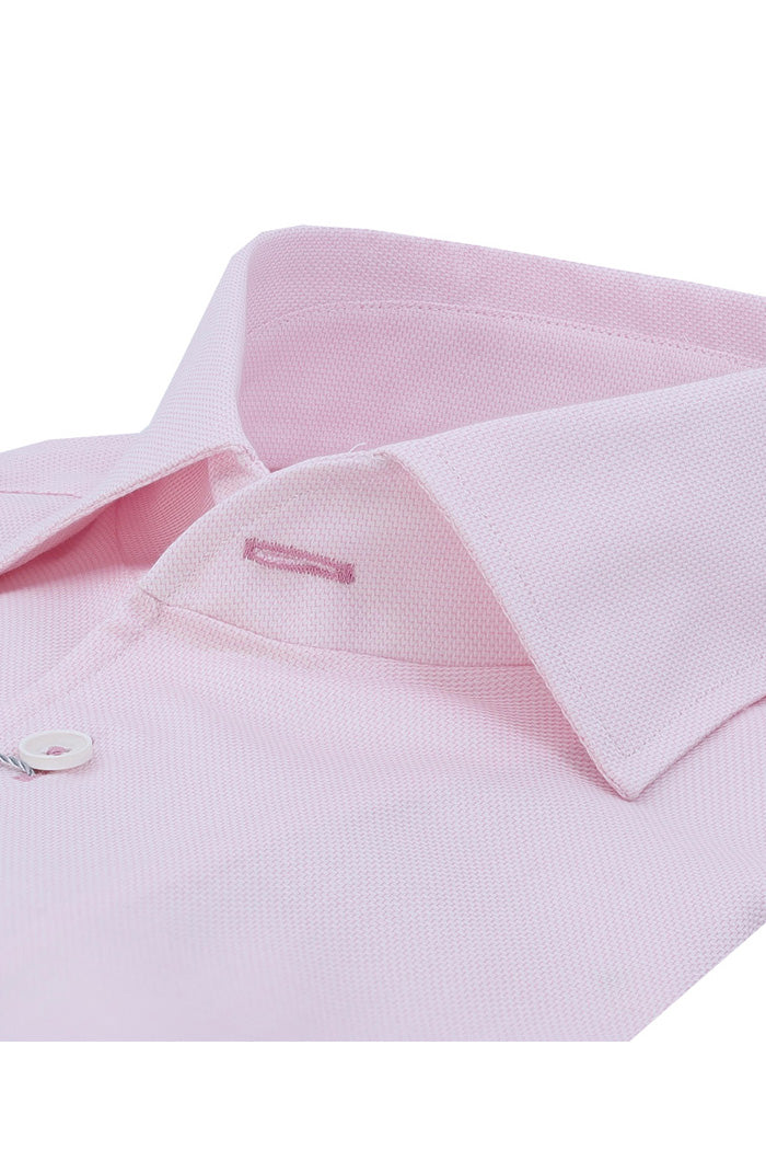 Marcello Men’s Fine Pique Roll Collar Shirt in Pink Non-Iron Cotton Close Up DS-102R