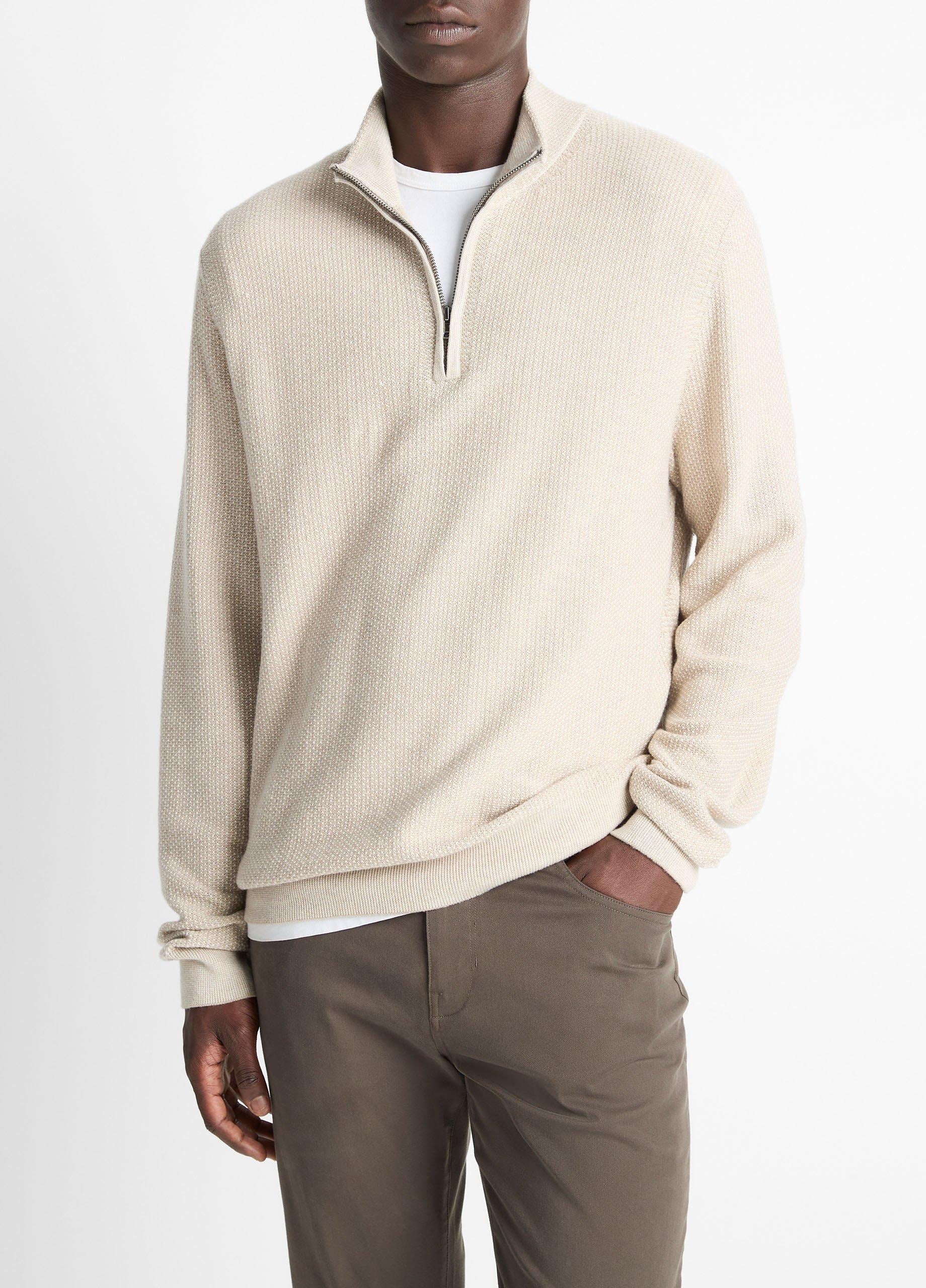 VINCE GEO JACQUARD L/S QUARTER ZIP, Khaki/Cream