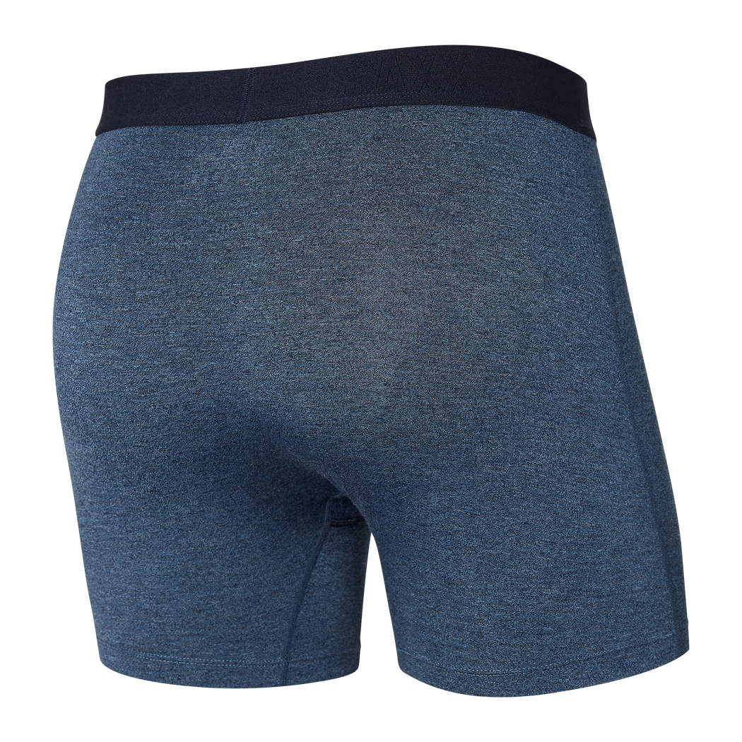 Back view of Saxx Ultra Men’s Blue Heather Boxer Briefs with Dark Navy Waistband