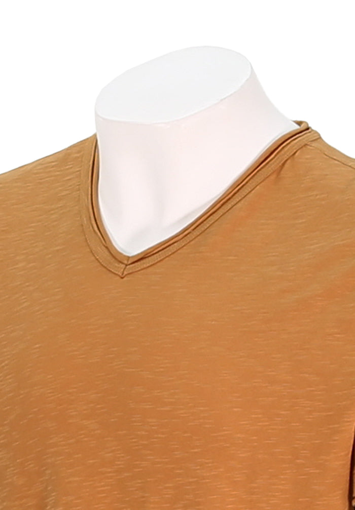 John Varvatos Men's Miles Slub V-Neck with Cut Raw Edge In Copper Close Up