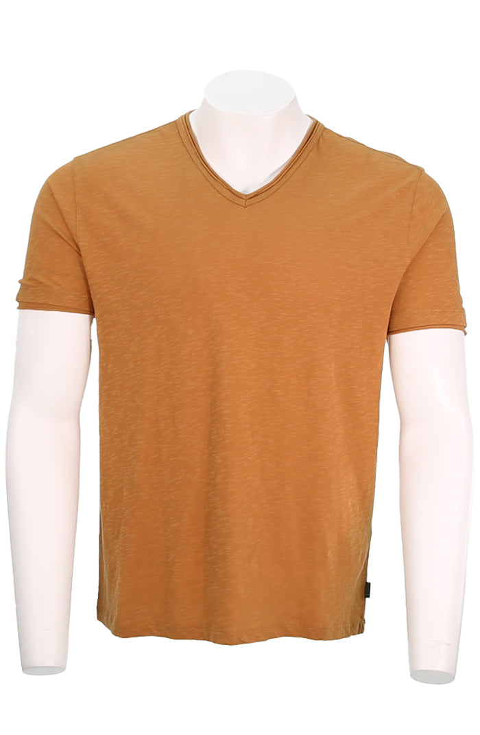 John Varvatos Men's Miles Slub V-Neck with Cut Raw Edge In Copper - Mondo Uomo