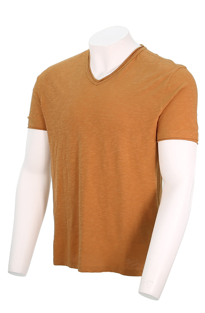 John Varvatos Men's Miles Slub V-Neck with Cut Raw Edge In Copper - Mondo Uomo