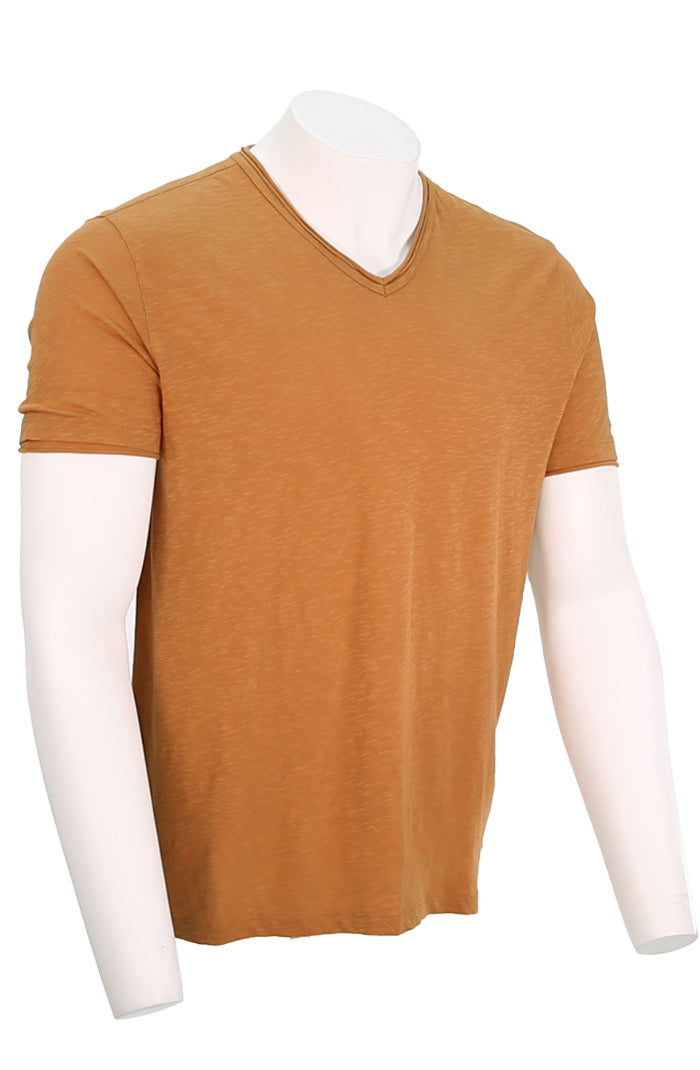 John Varvatos Men's Miles Slub V-Neck with Cut Raw Edge In Copper Angled View Miles