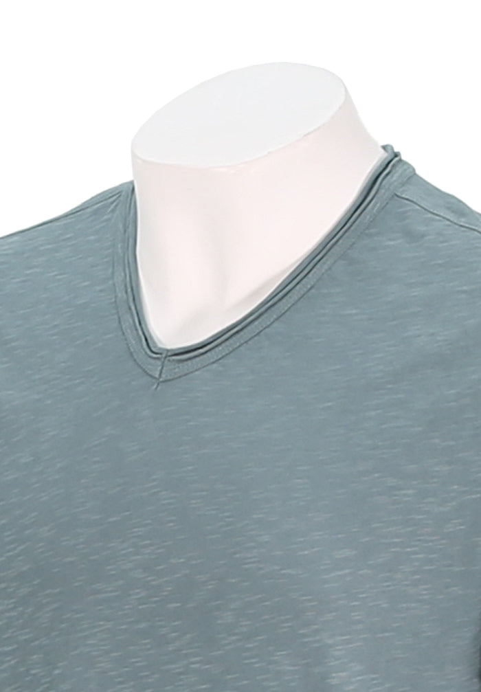 John Varvatos Men's Miles Slub V-Neck with Cut Raw Edge In Fog Close Up