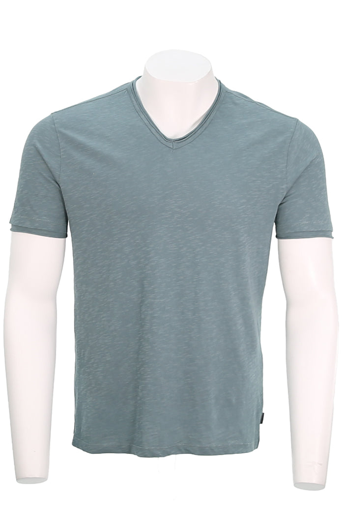 John Varvatos Men's Miles Slub V-Neck with Cut Raw Edge In Fog - Mongo Uomo