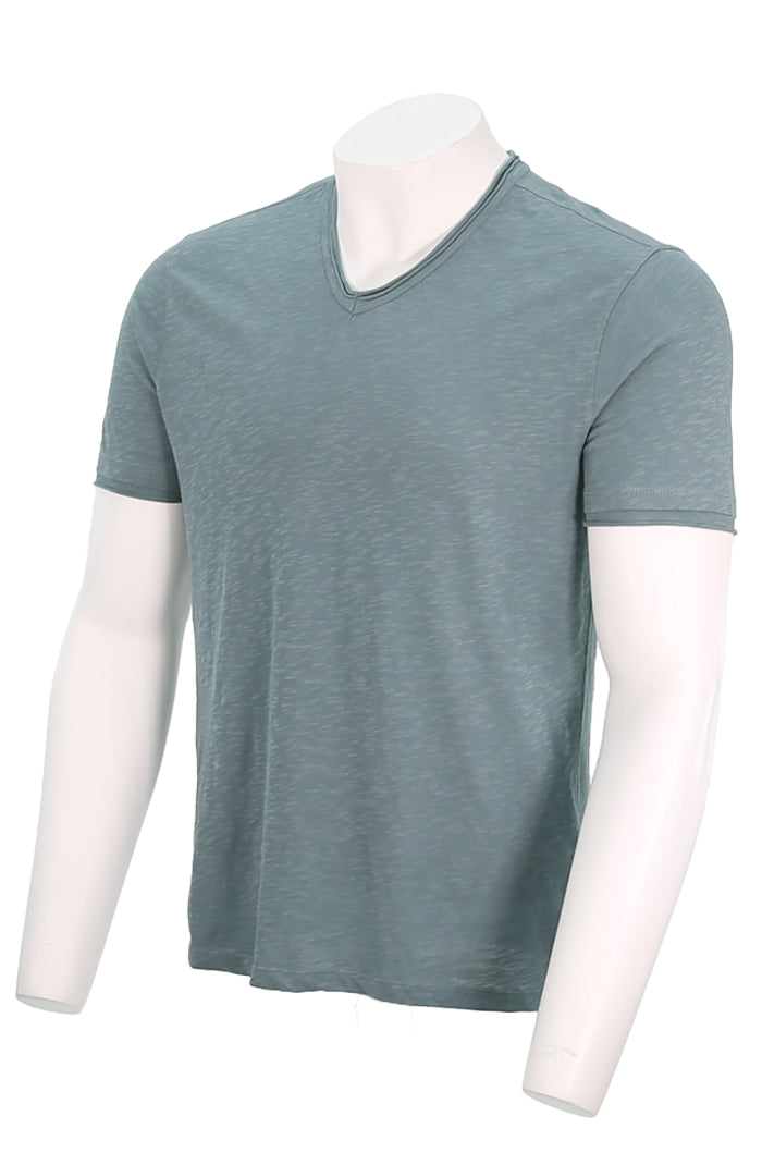 John Varvatos Men's Miles Slub V-Neck with Cut Raw Edge In Fog Angled View - Mondo Uomo