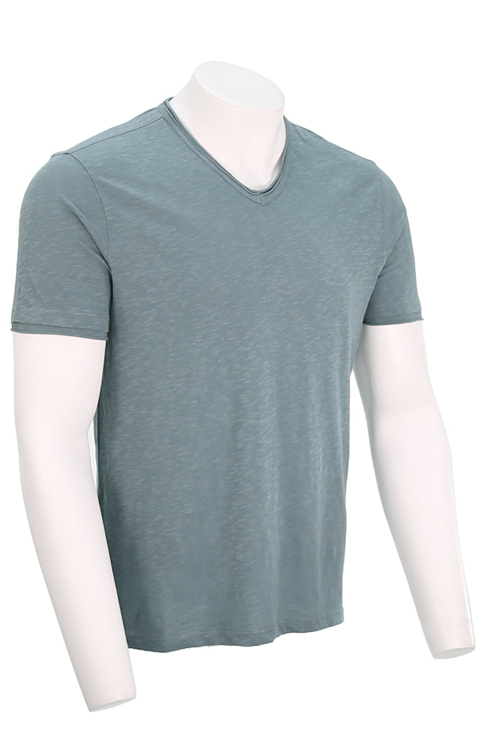 John Varvatos Men's Miles Slub V-Neck with Cut Raw Edge In Fog Angled View- Miles