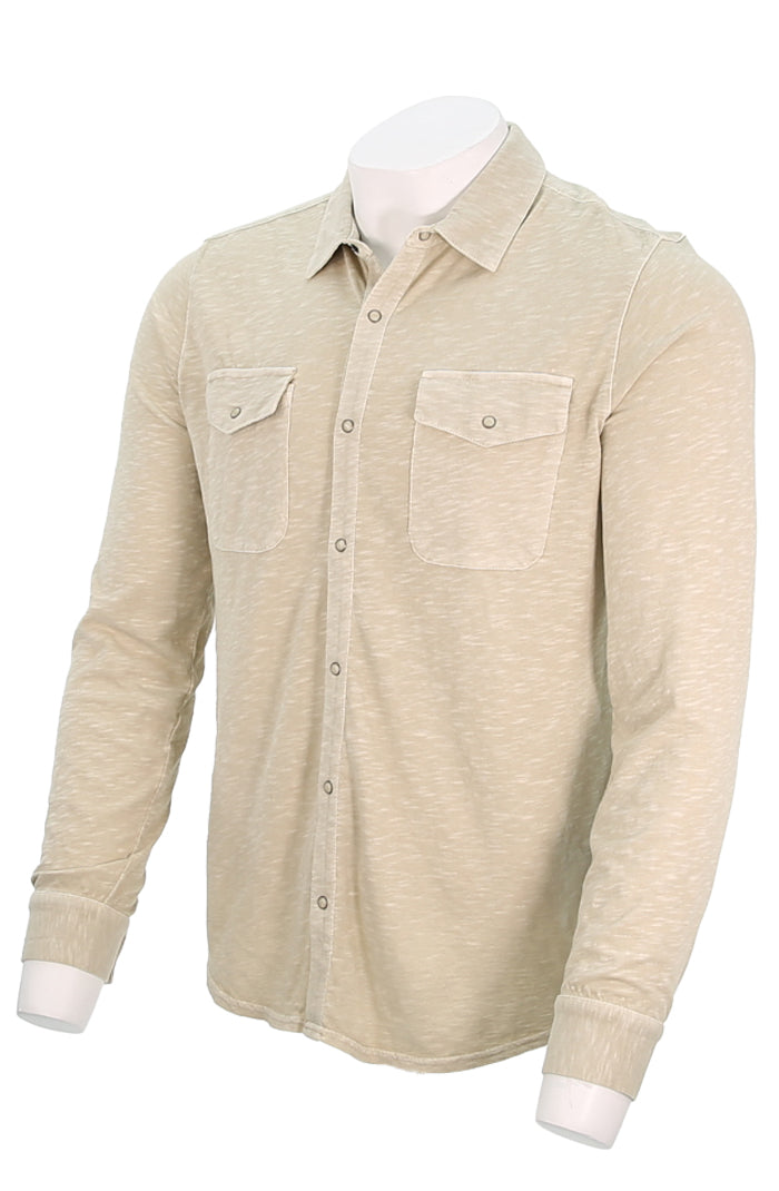 John Varvatos Men's Arvon Long Sleeve Knit Western Shirt In Almond Angled View- Arvon