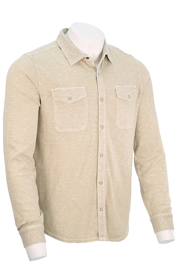 John Varvatos Men's Arvon Long Sleeve Knit Western Shirt in Vintage Wash Slub In Almond Angled View
